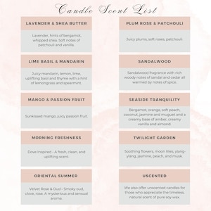 May include: A candle scent list detailing various fragrance options. Scents include Lavender & Shea Butter, Plum Rose & Patchouli, Lime Basil & Mandarin, Sandalwood, Mango & Passion Fruit, Seaside Tranquility, Morning Freshness, Twilight Garden, Oriental Summer, and Unscented.