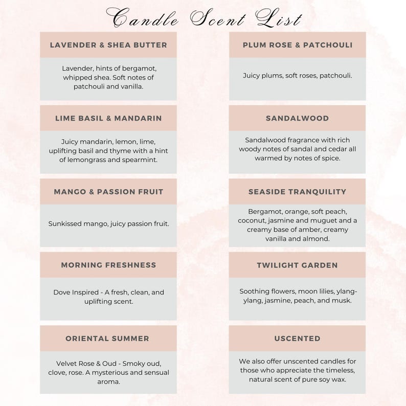 May include: A candle scent list detailing various fragrance options. Scents include Lavender & Shea Butter, Plum Rose & Patchouli, Lime Basil & Mandarin, Sandalwood, Mango & Passion Fruit, Seaside Tranquility, Morning Freshness, Twilight Garden, Oriental Summer, and Unscented.