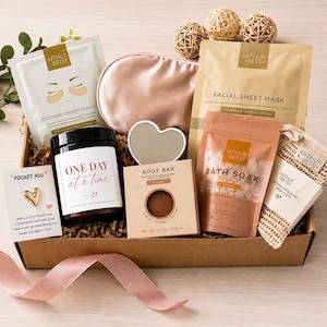 Self care gift box with one day at a time candle spa set bath soak face mask relaxation gift for stress relief and mental health