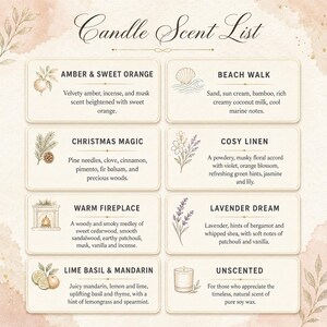Może przedstawiać: Lista zapach&oacute;w świec zawierająca osiem prostokątnych p&oacute;l z ilustracjami i opisami dla Amber & Sweet Orange, Beach Walk, Christmas Magic, Cosy Linen, Warm Fireplace, Lavender Dream, Lime Basil & Mandarin oraz Unscented.