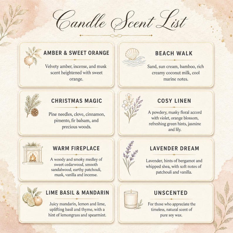 Może przedstawiać: Lista zapach&oacute;w świec zawierająca osiem prostokątnych p&oacute;l z ilustracjami i opisami dla Amber & Sweet Orange, Beach Walk, Christmas Magic, Cosy Linen, Warm Fireplace, Lavender Dream, Lime Basil & Mandarin oraz Unscented.