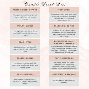 May include: A candle scent list detailing various fragrance profiles. Scents include Amber & Sweet Orange, Autumn Sunset, Beach Walk, Coastal Breeze, Cosy Christmas, Cosy Linen, Crackling Log Fire, Elegant Embrace, Festive Memories, and Grapefruit & Sea Salt.