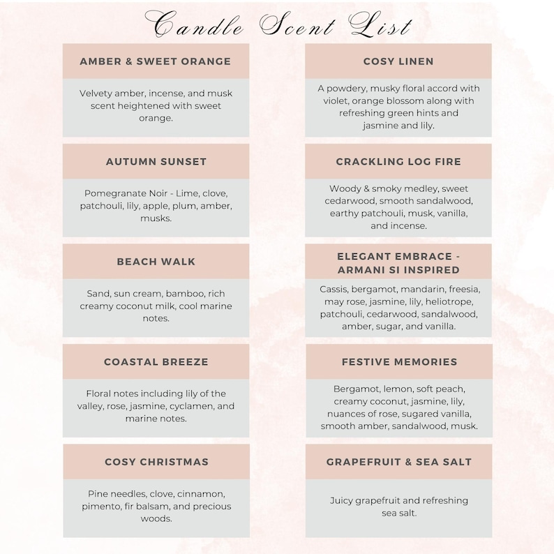 May include: A candle scent list detailing various fragrance profiles. Scents include Amber & Sweet Orange, Autumn Sunset, Beach Walk, Coastal Breeze, Cosy Christmas, Cosy Linen, Crackling Log Fire, Elegant Embrace, Festive Memories, and Grapefruit & Sea Salt.