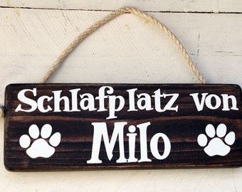 Dog bed pet sign, dog house wood name sign, Paw prints dog name sign,