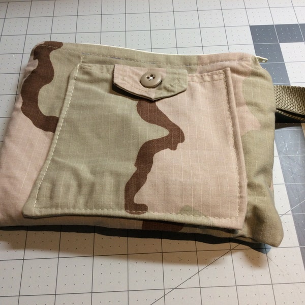 Military Repurposed handmade original US Air Force uniform wristlet zipper pouch  bag with webbing strap  zipper top , 2  pockets