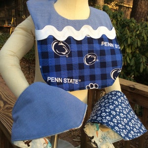 Penn State 3 bib set, handmade, from upcycled man’s shirt. 2 bandanna bibs 1 traditional bib, A snap closure , double lined cotton flannel