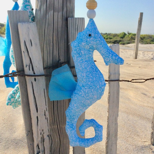 Seahorses decor beach ocean costal feel with this hanging Seahorse handmade fabric stuffed Seahorse with beaded hanger sea animals