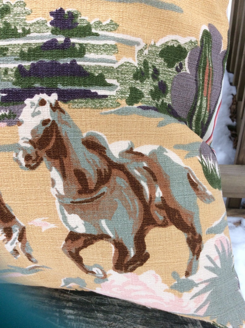rodeo Western 20\u201d square Cowboys cactus horses Vintage barkcloth pillow cover Handmade unique colorful  with plenty of MCM flair