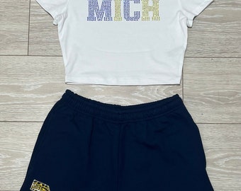 custom rhinestone top and sweat short| custom bed party| college bed party