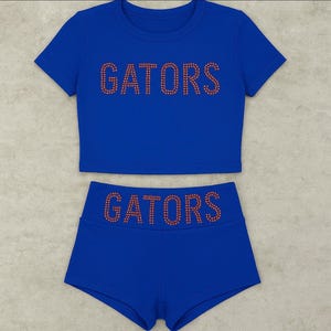 Custom college rhinestone word shirt/ fold over shorts set| college bed party