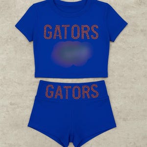 Custom college rhinestone logo shirt/ fold over shorts set| college bed party