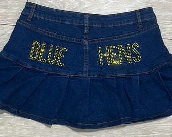 Custom college rhinestone jean skirt| College bed party
