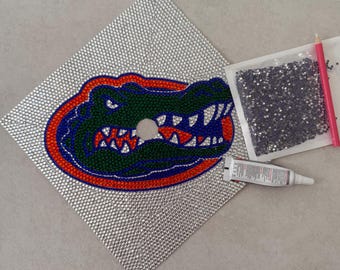 May include: A graduation cap decorated with silver rhinestones and a colorful alligator design. The alligator is green, blue, and orange. A small bag of rhinestones, a pink pencil, and a tube of glue are also present.