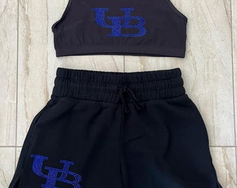 Custom college rhinestone logo cami bra/ sweat shorts set| college bed party