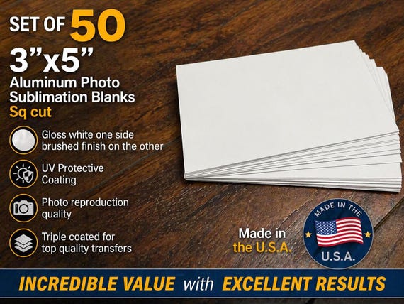Set of 50 – 3"x5" Aluminum Sublimation Blanks, Gloss White/Brushed Back, UV Coated, Photo Quality