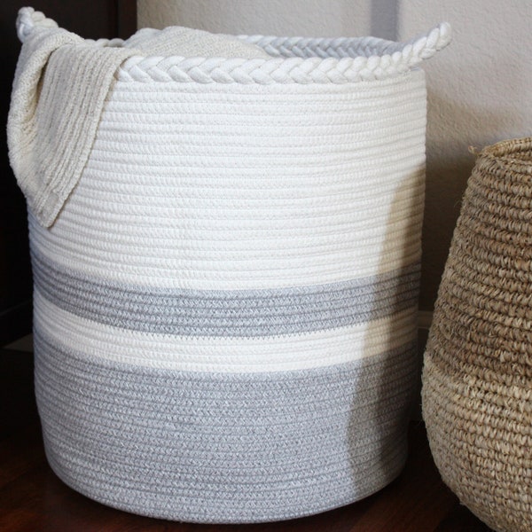 Cotton Rope Basket for Blankets, Laundry, or Toys - Living Room Decoration Bins - Woven Storage Bin - Large 16" (D) x 18" (H)