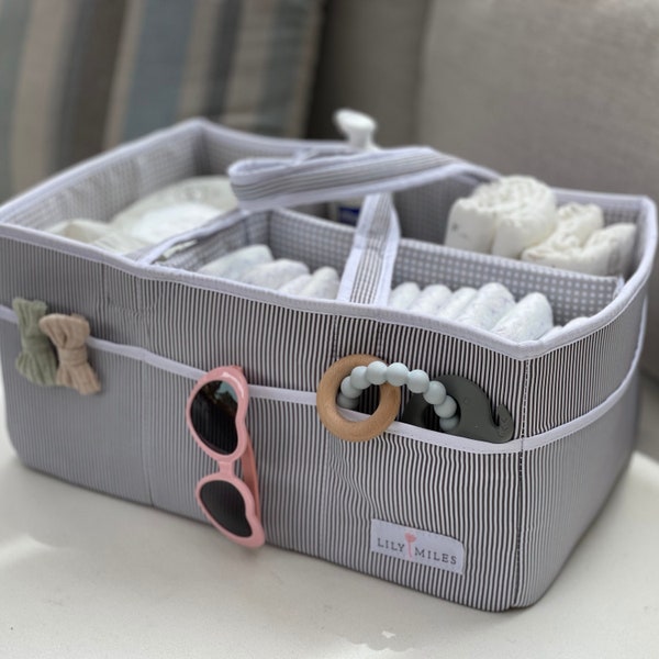 Baby Diaper Caddy Organizer - Large Nursery Tote Bag for Changing Table - Baby Shower Basket for Newborn Boys or Girls - Gray