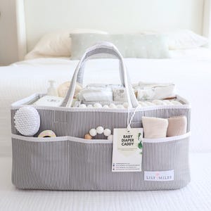 Baby Diaper Caddy Organizer - Large Nursery Tote Bag for Changing Table - Baby Shower Basket for Newborn Boys or Girls - Gray