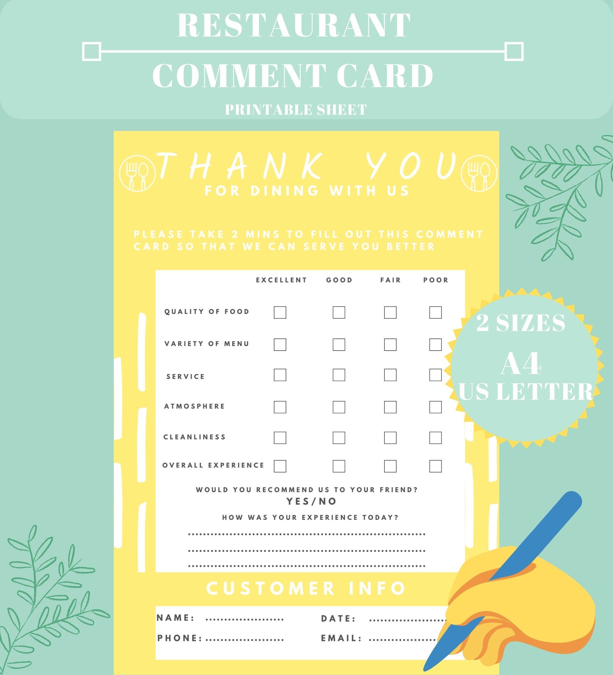 Restaurant Comment Card, Restaurant Feedback Form, Survey Card, Food Rate  Card, Customer Feedback Form, A21 and US Letter With Regard To Restaurant Comment Card Template