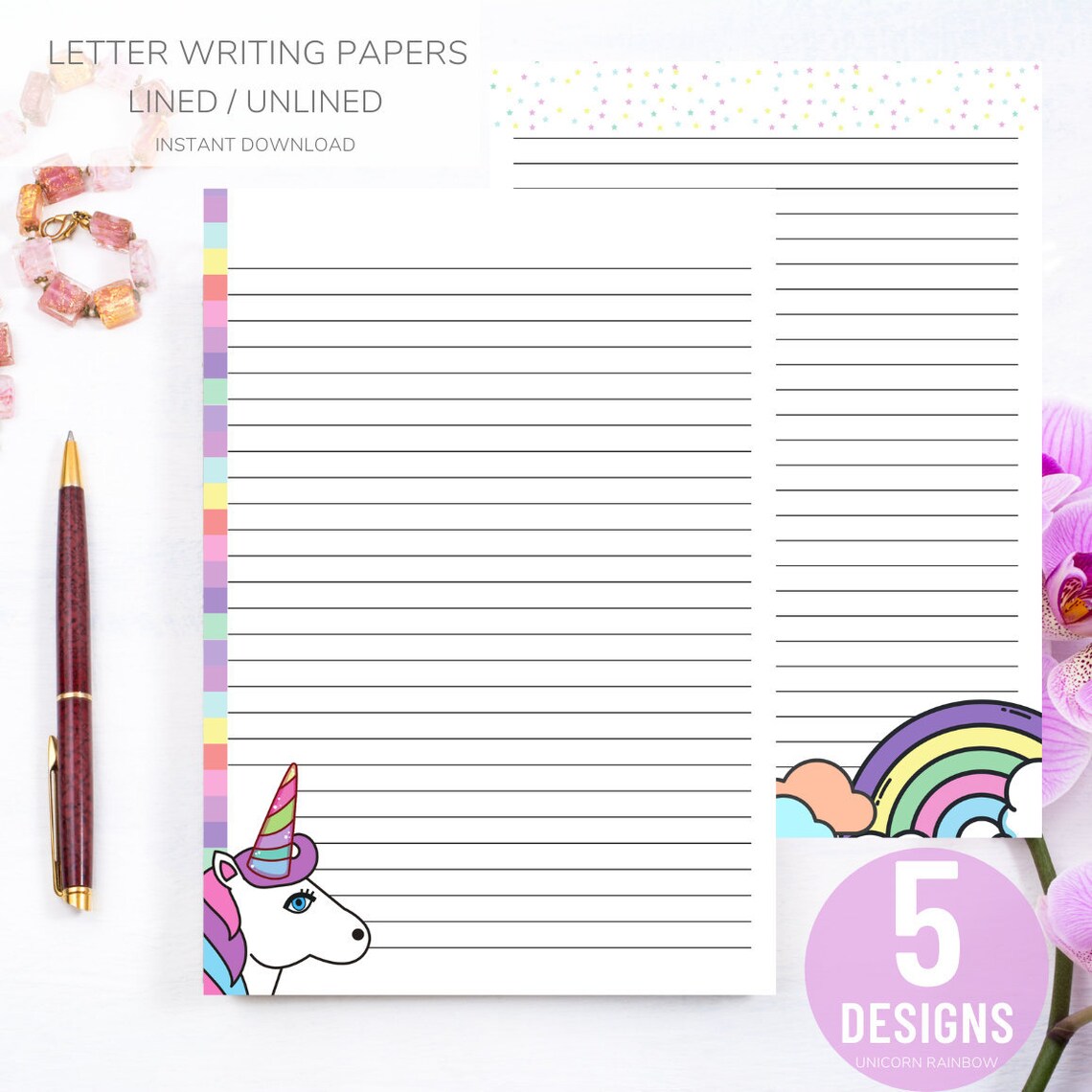 unicorn letter writing paper printable rainbow letter writing etsy
