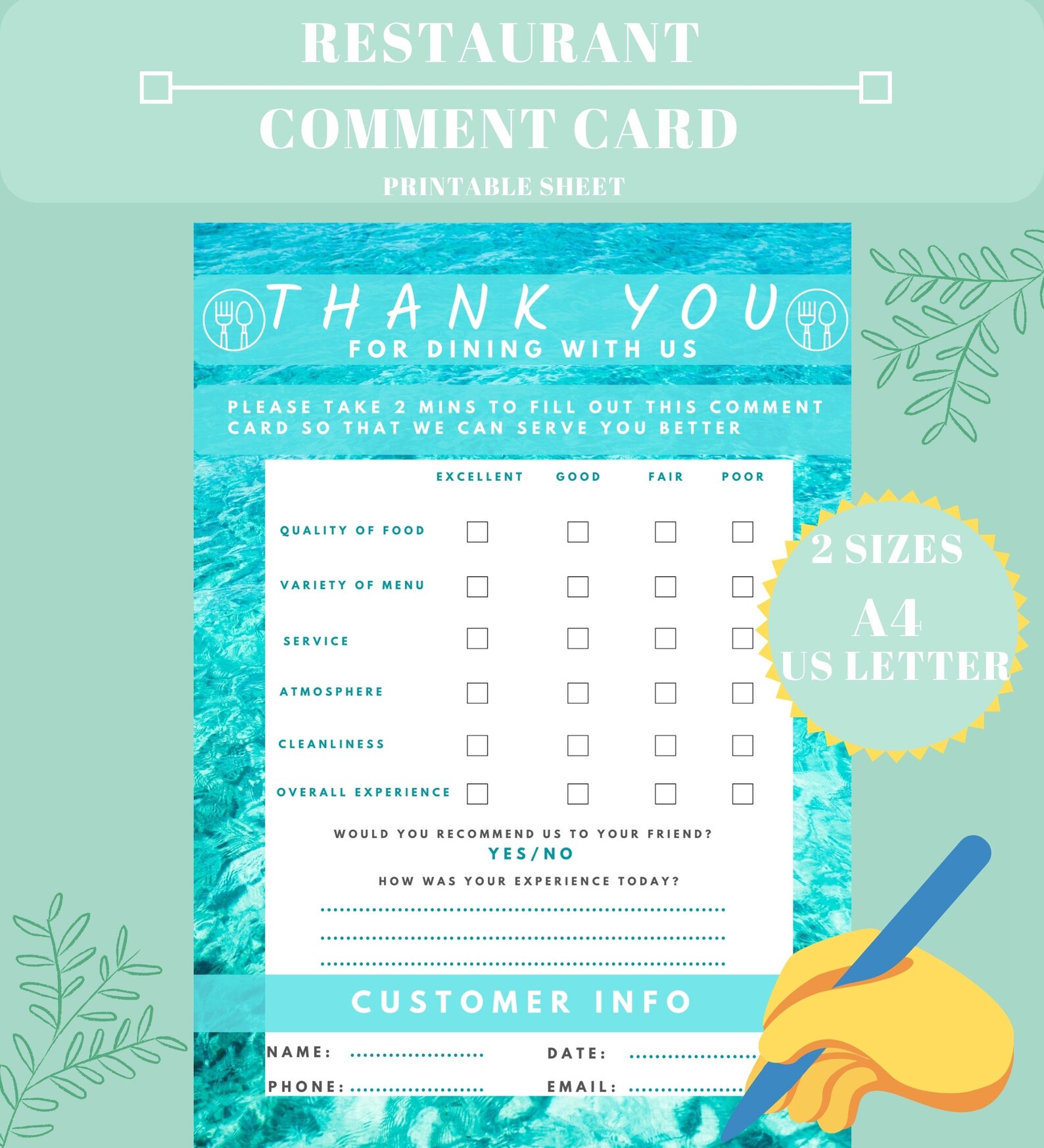 Restaurant Comment Card Restaurant Feedback Form Survey Etsy