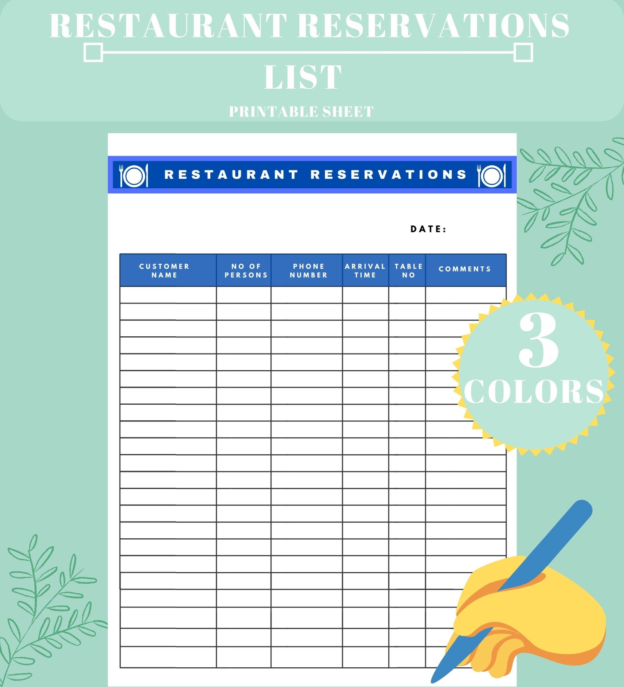 Restaurant Reservation List Guest List Printable Restaurant Etsy
