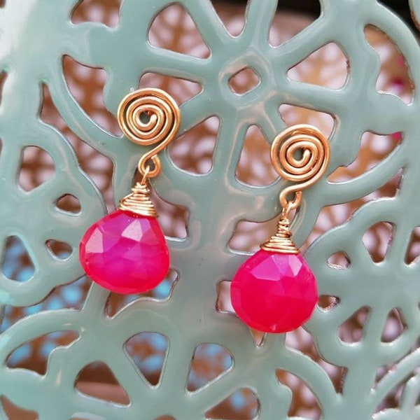 Stud earrings pink chalcedony earrings snail gold gemstone