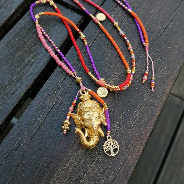 Necklace colorful long beads red orange purple pink Ganesha pendant gold yoga elephant god