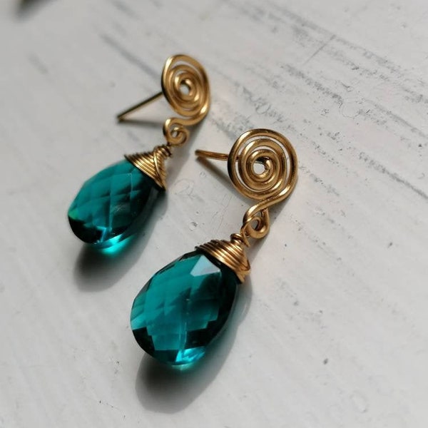 Studs snail with blue quartz in gold, earrings with semiprecious stone, drop, special gift for women