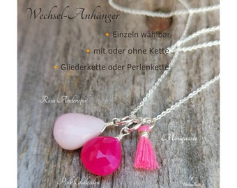 Wechselanhänger pink Chalcedon rosa Andenopal Quaste Silber Edelstein mit und ohne Kette feine Kette Perlenkette einzelne Kettenanhänger