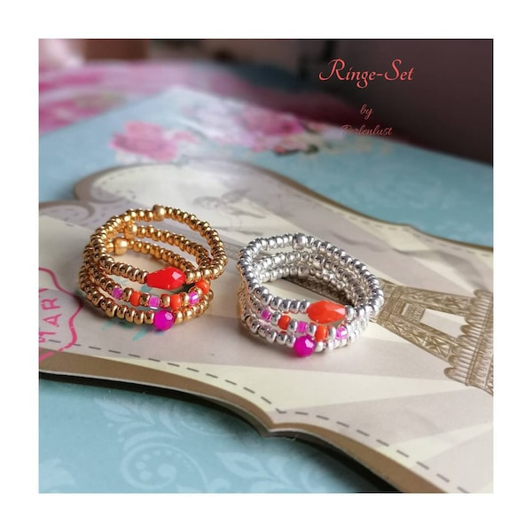 Ringe-Set Perlen 3 Stück silber oder gold zarter Ring pink orange dehnbar Fingerring im Set Perlenring