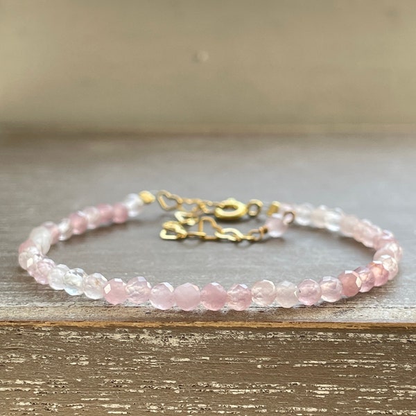 Bracelet rose quartz beads pink rose gemstone gold adjustable pearl bracelet