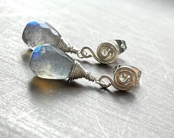 Stud earrings pearl gray labradorite stone snail silver earring drop gemstone