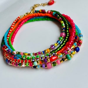 Lange ketting kleurrijke kralen parelketting armband wikkel turquoise rood groen oranje boho stijl hippieketting afbeelding 3