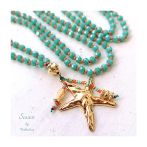 Necklace beads long turquoise orange pendant starfish gold hippie style boho