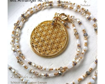 Long necklace pearls white brown cream gold pendant Ganesha flower of life Shri Yantra, pearl necklace, elephant yoga