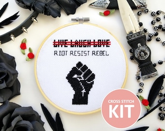 Riot, Resist, Rebel Cross Stitch Kit - DIY Embroidery Kit for Adults, Funny Wall Art, Beginner Craft Kit