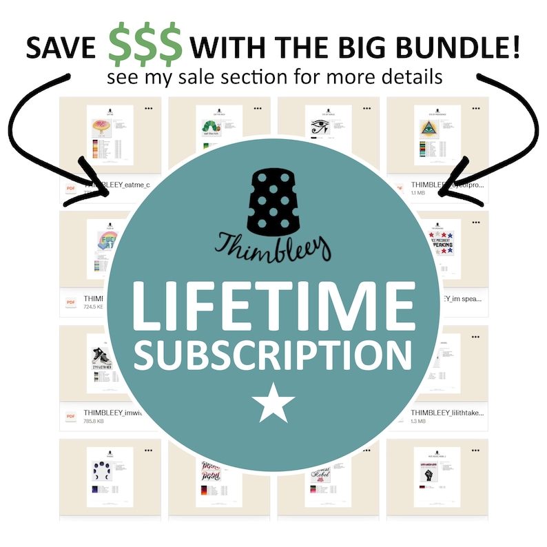 Save money with a with a lifetime subscription -- access all Thimbleey patterns (past and future!) for a one-time fee!
