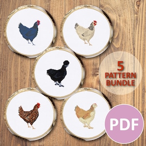 May include: Five cross-stitch patterns featuring different breeds of chickens. The patterns are displayed in embroidery hoops on a wooden background. The text "5 PATTERN BUNDLE" and "PDF" are also visible.