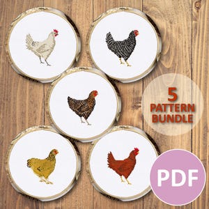 Charming Chickens Set #1 (5 Pattern Bundle) - PDF Pattern Cross Stitch, Embroidery, Wall Art