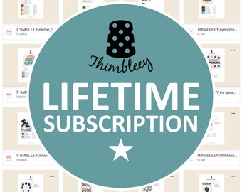 May include: A teal blue circle with a white star and the text "LIFETIME SUBSCRIPTION" in white. The circle is superimposed on a collage of images of cross-stitch patterns. The text "Thimbleey" is in black text on a white thimble.