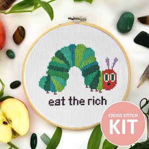 Eat the Rich Cross Stitch Kit - DIY Embroidery Kit for Adults, Funny Wall Art, Beginner Craft Kit