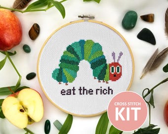 Eat the Rich Cross Stitch Kit - DIY Embroidery Kit for Adults, Funny Wall Art, Beginner Craft Kit