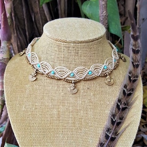 MACRAME TRIBAL necklace with Indian brass pendant with turquoise, bohemian jewelery/ Hippie accessories / ethnic necklaces