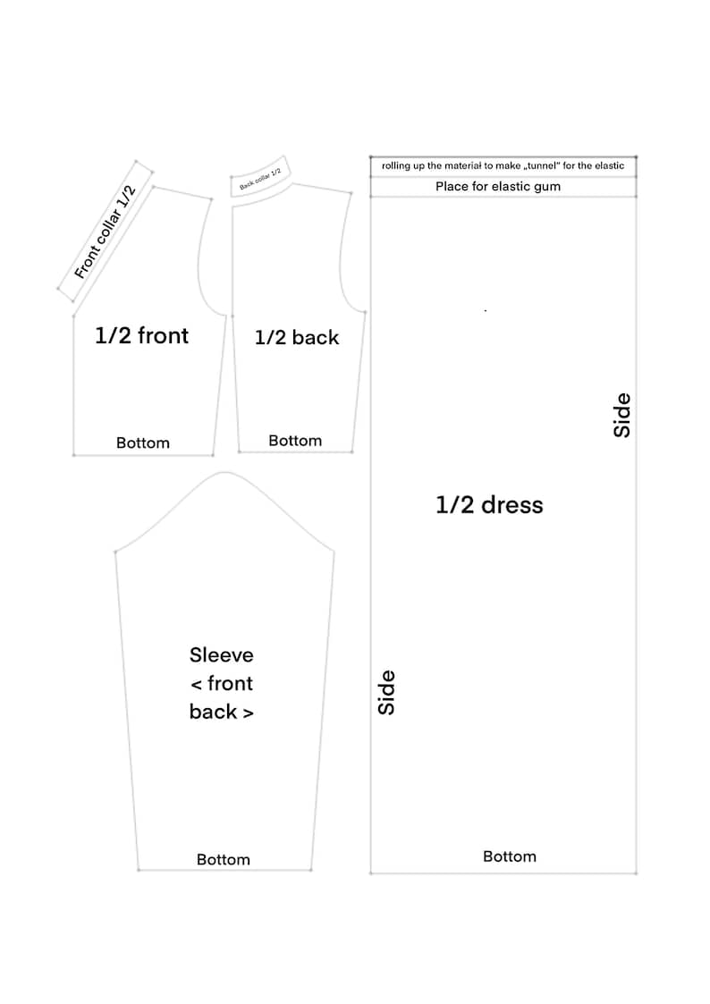 May include: A sewing pattern for a dress with instructions for making a tunnel for elastic. The pattern includes pieces for the front, back, sleeves, and collar.
