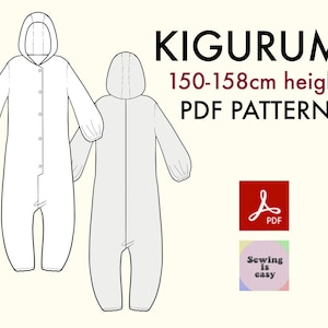 May include: A digital PDF pattern for a Kigurumi onesie, suitable for heights of 150-158 cm. The pattern includes a front and back view of the onesie, with a hood and button closure. The text "Kigurumi 150-158cm height PDF PATTERN" is displayed above the image. The image also includes a red Adobe Acrobat logo and a pink circle with the text "Sewing is easy".
