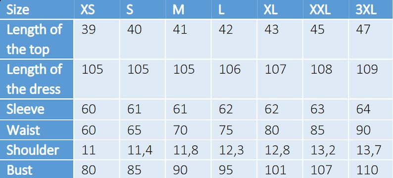 May include: Size chart for a dress with measurements in inches for bust, waist, sleeve, shoulder, length of the dress, and length of the top. Sizes include XS, S, M, L, XL, XXL, and 3XL.
