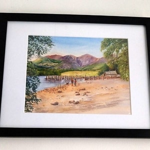 Original watercolour painting of The Boat Launch on Derwentwater in Borrowdale, Cumbria, Lake District 14 11 inches framed