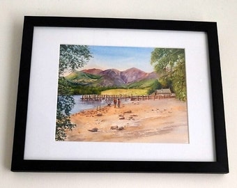 Original watercolour painting of The Boat Launch on Derwentwater in Borrowdale, Cumbria, Lake District 14 11 inches framed