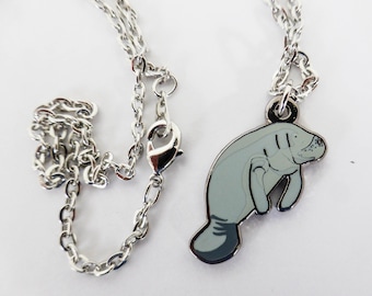 Baby Manatee Enamel Charm Necklace on 18 inch Stainless Steel Chain Cute Baby Manatee